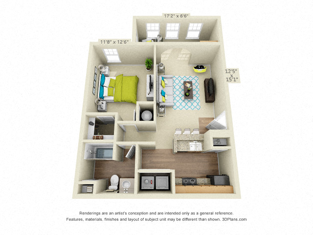 Floor plan for 1 bed, 1 bath, 786 sqft